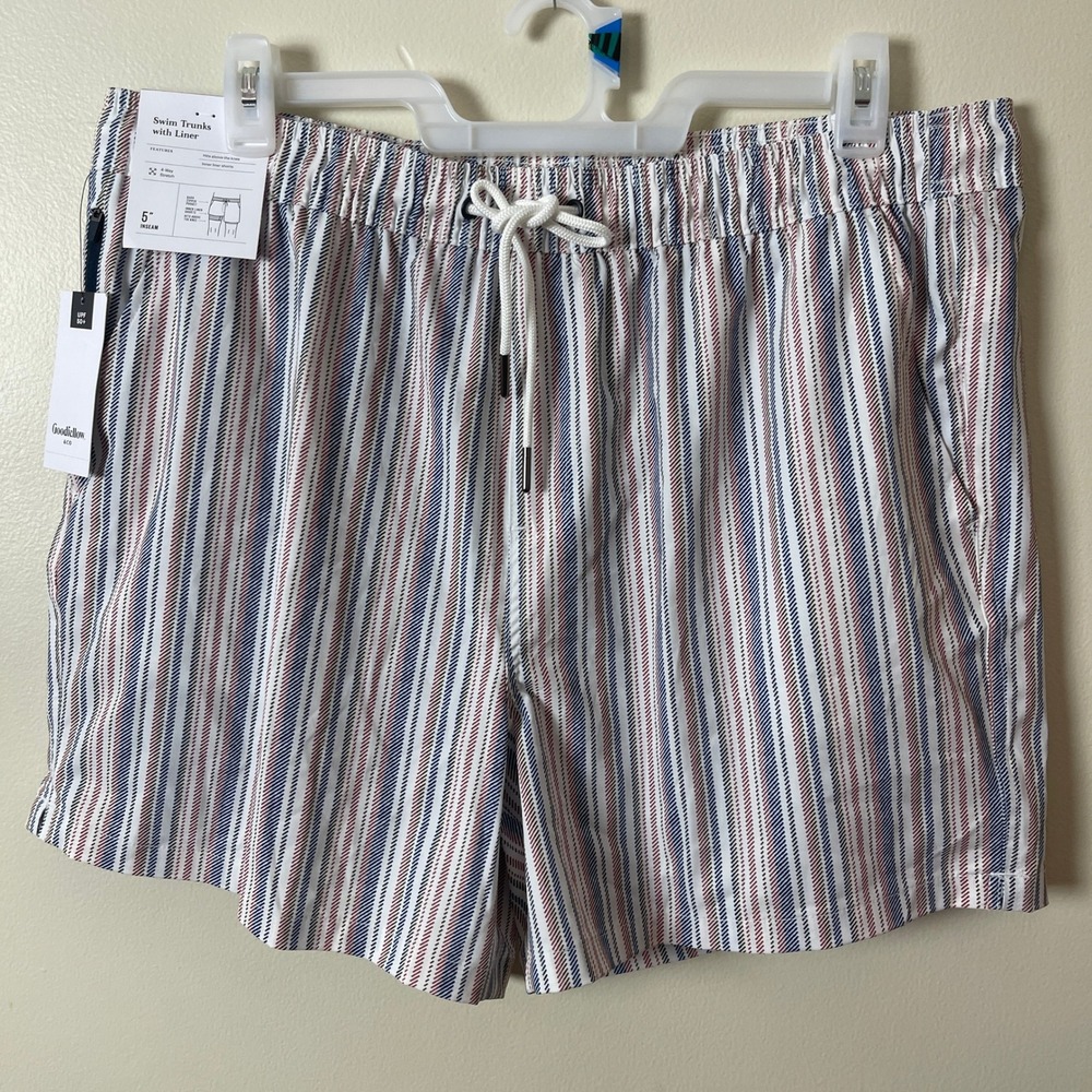 Goodfellow & Co Mens Swim Trunks 5" Inseam Striped Red White Blue UPF‎ 50+ XL